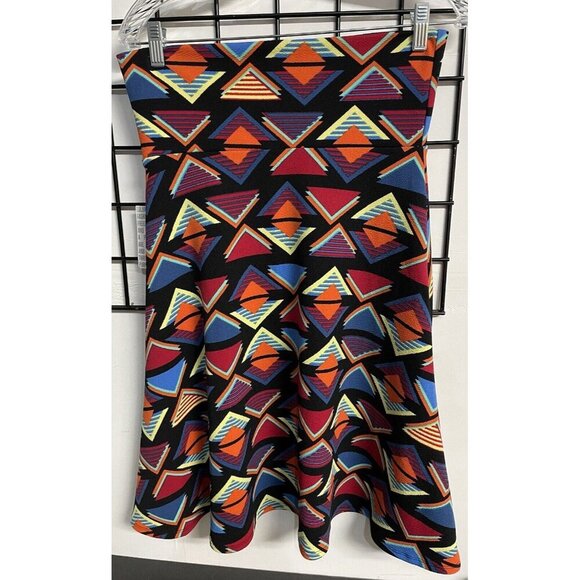 LuLaroe Azure A-Line Knee Length Skirt Black Orange Blue Geometric Womens Medium - Picture 3 of 5
